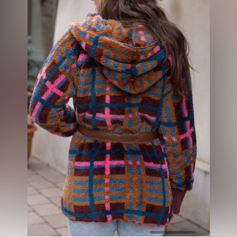Fleece Jewel Plaid Wrap Jacket | Multi Fleece Plaid Wrap Jacket L/XL - Picture 9 of 12